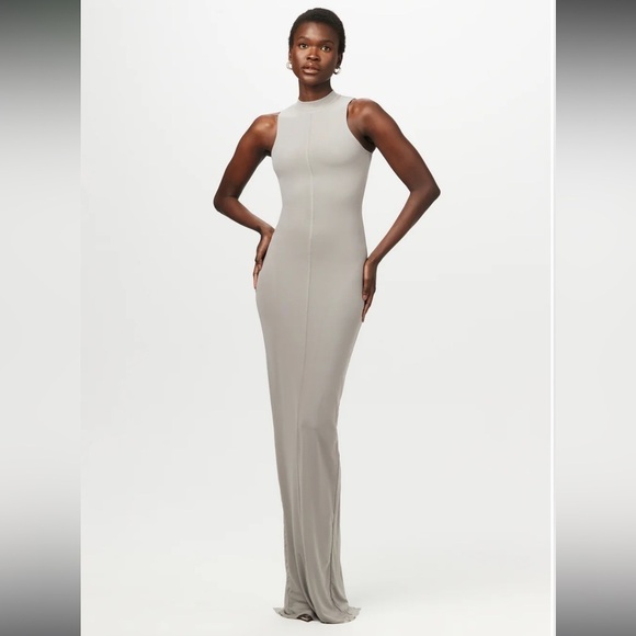 NEW Naked Wardrobe Light Gray Snatched Mesh Sleeveless Maxi Dress With Back Slit - Picture 7 of 7